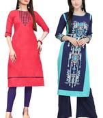 Mirraw Classiques Embroidered Pink And Printed Blue Crepe Cotton Stitched Kurti ( Pack of 2 )