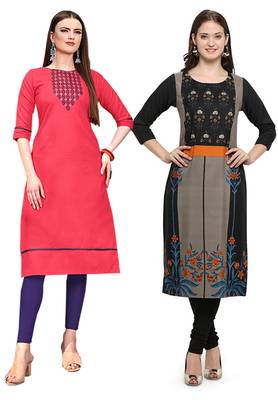 Mirraw Classiques Embroidered Pink And Black Printed Crepe Cotton Stitched Kurti ( Pack of 2 ) 1