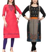 Mirraw Classiques Embroidered Pink And Black Printed Crepe Cotton Stitched Kurti ( Pack of 2 )