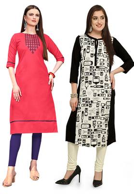 Mirraw Classiques Embroidered Pink And Black-White Printed Crepe Cotton Stitched Kurti ( Pack of 2 ) 1