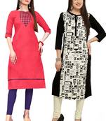 Mirraw Classiques Embroidered Pink And Black-White Printed Crepe Cotton Stitched Kurti ( Pack of 2 )
