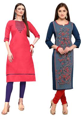 Mirraw Classiques Embroidered Pink And Blue-Red Printed Crepe Cotton Stitched Kurti ( Pack of 2 ) 1