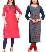 Mirraw Classiques Embroidered Pink And Blue-Red Printed Crepe Cotton Stitched Kurti ( Pack of 2 )