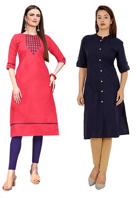 Mirraw Classiques Embroidered Pink And Navy Blue Plain Cotton Stitched Kurti ( Pack of 2 ) 1
