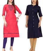 Mirraw Classiques Embroidered Pink And Navy Blue Plain Cotton Stitched Kurti ( Pack of 2 )