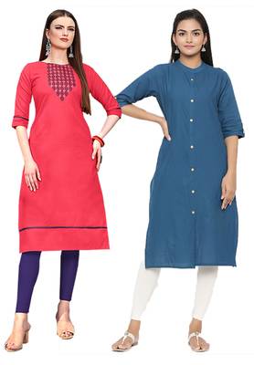 Mirraw Classiques Embroidered Pink And Blue Plain Cotton Stitched Kurti ( Pack of 2 ) 1