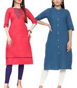 Mirraw Classiques Embroidered Pink And Blue Plain Cotton Stitched Kurti ( Pack of 2 )