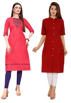 Mirraw Classiques Embroidered Pink And Plain Red Cotton Stitched Kurti ( Pack of 2 ) 1