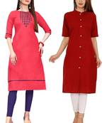 Mirraw Classiques Embroidered Pink And Plain Red Cotton Stitched Kurti ( Pack of 2 )