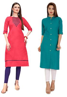 Mirraw Classiques Embroidered Pink And Plain Turquoise Cotton Stitched Kurti ( Pack of 2 ) 1