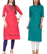 Mirraw Classiques Embroidered Pink And Plain Turquoise Cotton Stitched Kurti ( Pack of 2 )