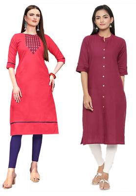 Mirraw Classiques Embroidered Pink And Plain Pink Cotton Stitched Kurti ( Pack of 2 ) 1