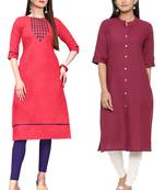 Mirraw Classiques Embroidered Pink And Plain Pink Cotton Stitched Kurti ( Pack of 2 )