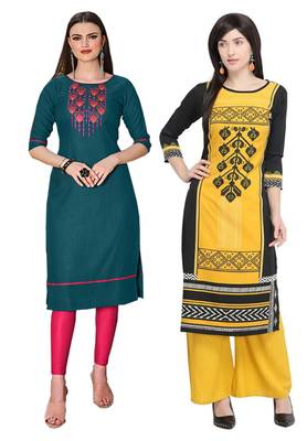 Mirraw Classiques Embroidered Green Regular And Black Printed Regular Cotton Stitched Kurti ( Pack of 2 ) 1