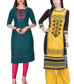 Mirraw Classiques Embroidered Green Regular And Black Printed Regular Cotton Stitched Kurti ( Pack of 2 )