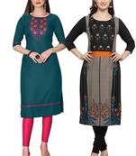 Mirraw Classiques Embroidered Green Regular And Black Printed Crepe Cotton Stitched Kurti ( Pack of 2 )
