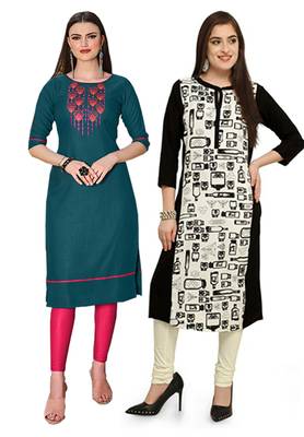Mirraw Classiques Embroidered Green Regular And Black-White Printed Crepe Stitched Cotton Kurtis ( Pack of 2 ) 1