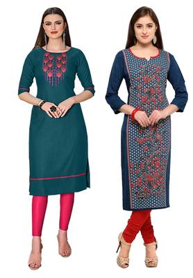 Mirraw Classiques Embroidered Green Regular And Blue-Red Printed Crepe Stitched Cotton Kurtis ( Pack of 2 ) 1