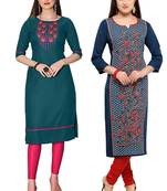 Mirraw Classiques Embroidered Green Regular And Blue-Red Printed Crepe Stitched Cotton Kurtis ( Pack of 2 )