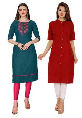 Mirraw Classiques Embroidered Green And Plain Red Regular Cotton Stitched Kurtis ( Pack of 2 ) 1