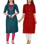 Mirraw Classiques Embroidered Green And Plain Red Regular Cotton Stitched Kurtis ( Pack of 2 )