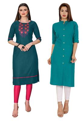 Mirraw Classiques Embroidered Green And Plain Turquoise Regular Cotton Stitched Kurtis ( Pack of 2 ) 1