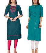 Mirraw Classiques Embroidered Green And Plain Turquoise Regular Cotton Stitched Kurtis ( Pack of 2 )