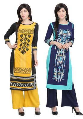 Mirraw Classiques Printed Black Regular And Printed Blue Crepe Cotton Stitched Kurti ( Pack of 2 ) 1