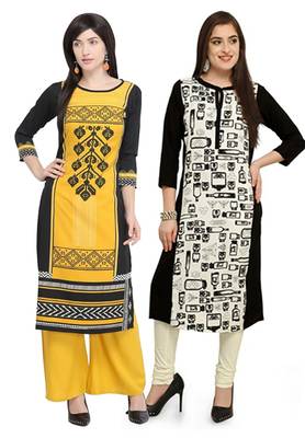 Mirraw Classiques Printed Black Regular And Black-White Printed Crepe Cotton Stitched Kurtis ( Pack of 2 ) 1