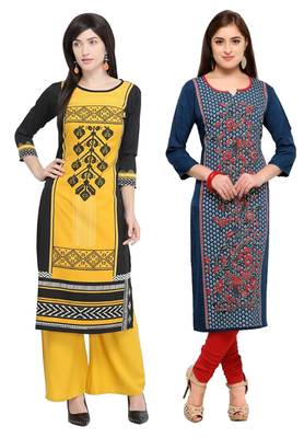 Mirraw Classiques Printed Black Regular And Blue-Red Printed Crepe Cotton Stitched Kurtis ( Pack of 2 ) 1