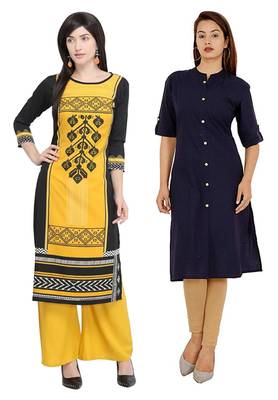 Mirraw Classiques Black Printed And Navy Blue Plain Cotton Stitched Kurti ( Pack of 2 ) 1