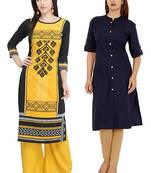 Mirraw Classiques Black Printed And Navy Blue Plain Cotton Stitched Kurti ( Pack of 2 )