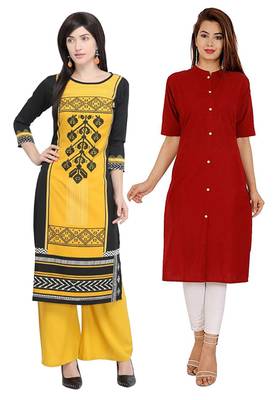 Mirraw Classiques Printed Black And Plain Turquoise Cotton Stitched Kurti ( Pack of 2 ) 1