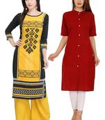 Mirraw Classiques Printed Black And Plain Turquoise Cotton Stitched Kurti ( Pack of 2 )