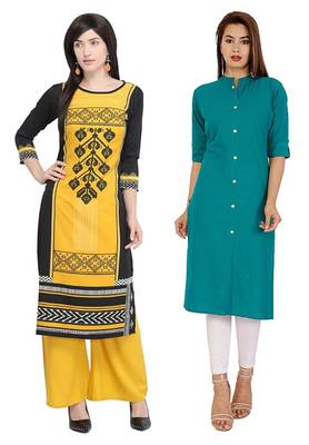 Mirraw Classiques Printed Blue And Black Cotton Crepe Stitched Kurti ( Pack of 2 ) 1