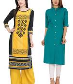 Mirraw Classiques Printed Blue And Black Cotton Crepe Stitched Kurti ( Pack of 2 )