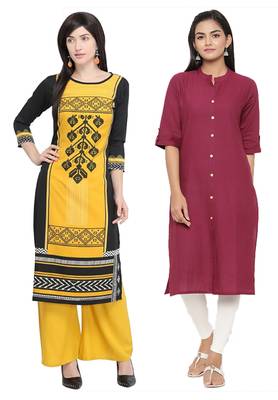 Mirraw Classiques Printed Blue And Black White Crepe Cotton Stitched Kurti ( Pack of 2 ) 1