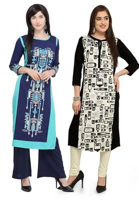 Mirraw Classiques Printed Blue and Plain Navy Blue Cotton Stitched Kurti ( Pack of 2 ) 1