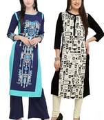 Mirraw Classiques Printed Blue and Plain Navy Blue Cotton Stitched Kurti ( Pack of 2 )