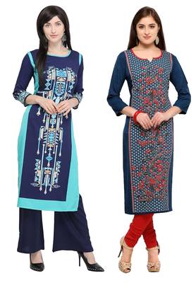 Mirraw Classiques Printed Blue And Plain Red Cotton Stitched Kurtis ( Pack of 2 ) 1