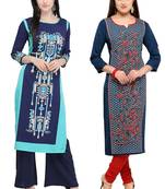 Mirraw Classiques Printed Blue And Plain Red Cotton Stitched Kurtis ( Pack of 2 )