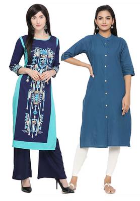 Mirraw Classiques Navy Blue & Black Printed Crepe Cotton Stitched Kurti ( Pack of 2 ) 1