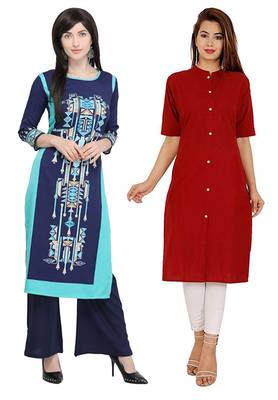 Mirraw Classiques Navy Blue And Black White Printed Crepe Cotton Stitched Kurtis ( Pack of 2 ) 1