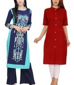 Mirraw Classiques Navy Blue And Black White Printed Crepe Cotton Stitched Kurtis ( Pack of 2 )