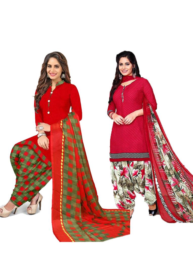 Mirraw Classique Red Crepe Printed Salwar Suits Unstitched Dress Material - Pack of 2