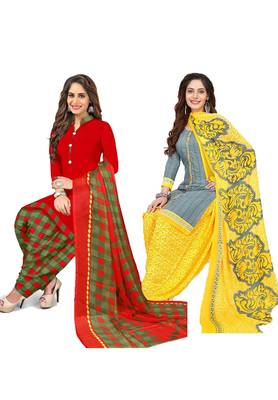 Mirraw Classique Red and Grey Crepe Printed Salwar Suits Unstitched Dress Material - Pack of 2 1