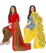 Mirraw Classique Red and Grey Crepe Printed Salwar Suits Unstitched Dress Material - Pack of 2