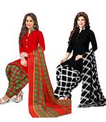 Mirraw Classique Red Crepe and Black Synthetic Printed Salwar Suits Unstitched Dress Material - Pack of 2