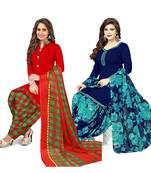 Mirraw Classique Red and Navy Blue Crepe Printed Salwar Suits Unstitched Dress Material - Pack of 2