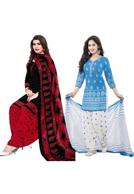 Mirraw Classique Black Crepe and Blue Synthetic Printed Salwar Suits Unstitched Dress Material - Pack of 2 1